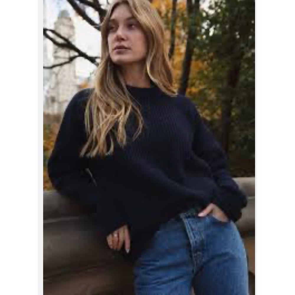Yellow Label Co Navy Blue Ribbed Wool Blend Oversized Crew Neck Sweater XL XXL